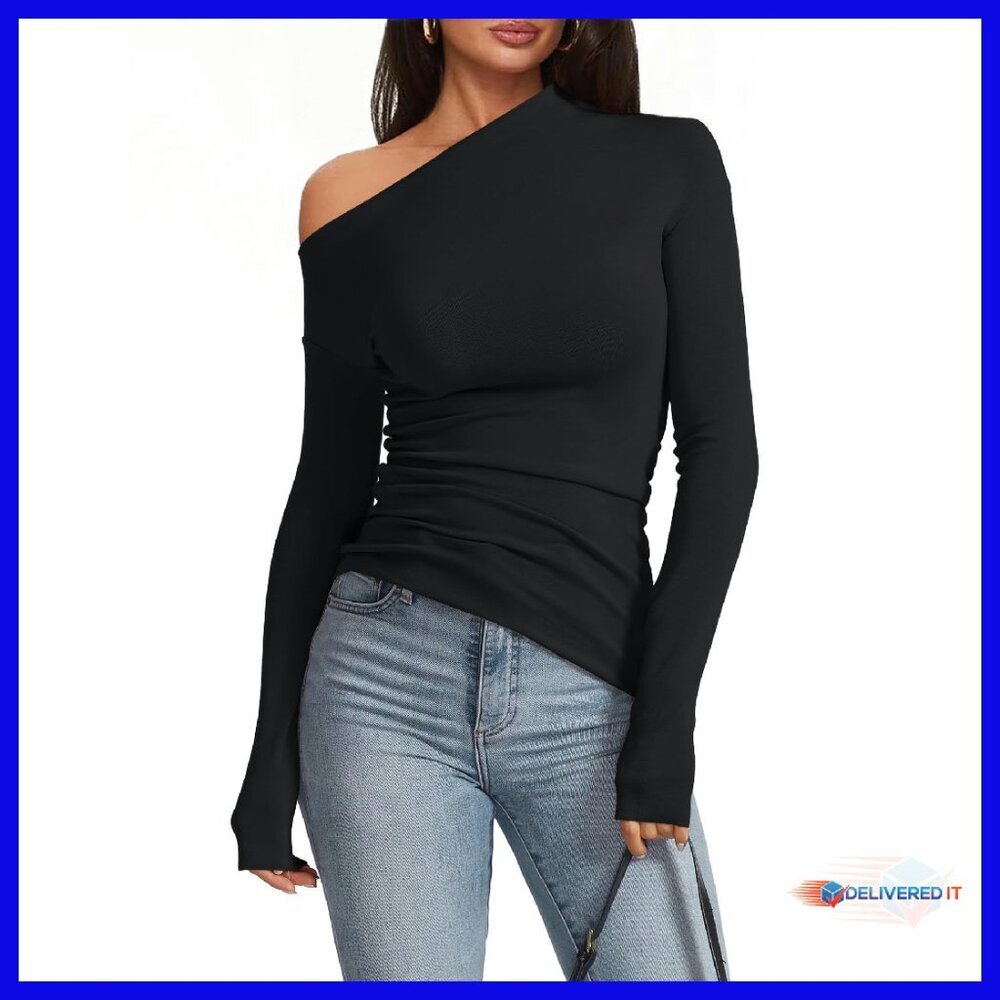 Sexy Off Shoulder Long Sleeve Asymmetrical Slim Fit Ruched Blouse